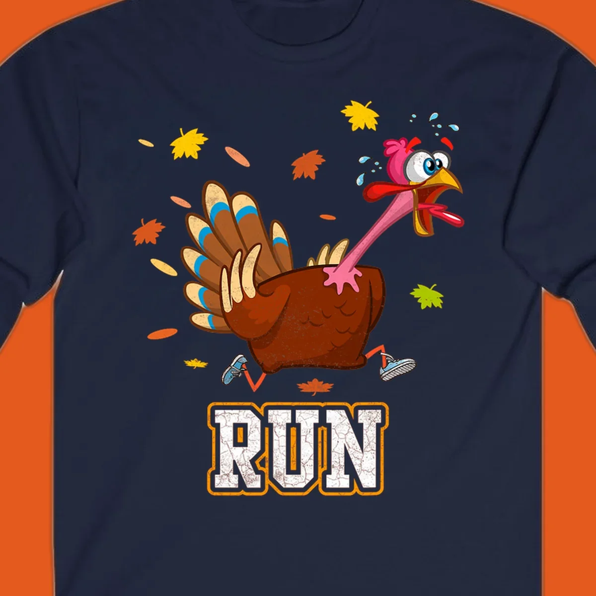 Cartoon running turkey with text RUN, for Thanksgiving Turkey Trot races.