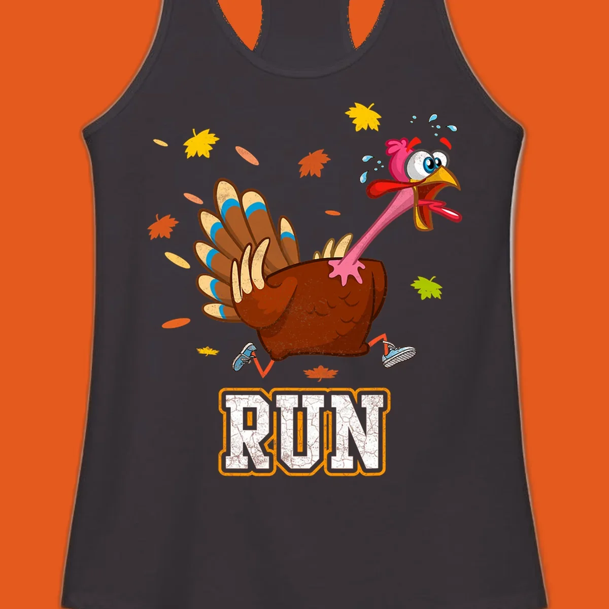 Cartoon running turkey with text RUN, for Thanksgiving Turkey Trot races.