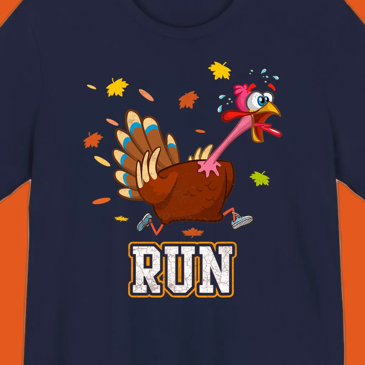 Cartoon running turkey with text RUN, for Thanksgiving Turkey Trot races.