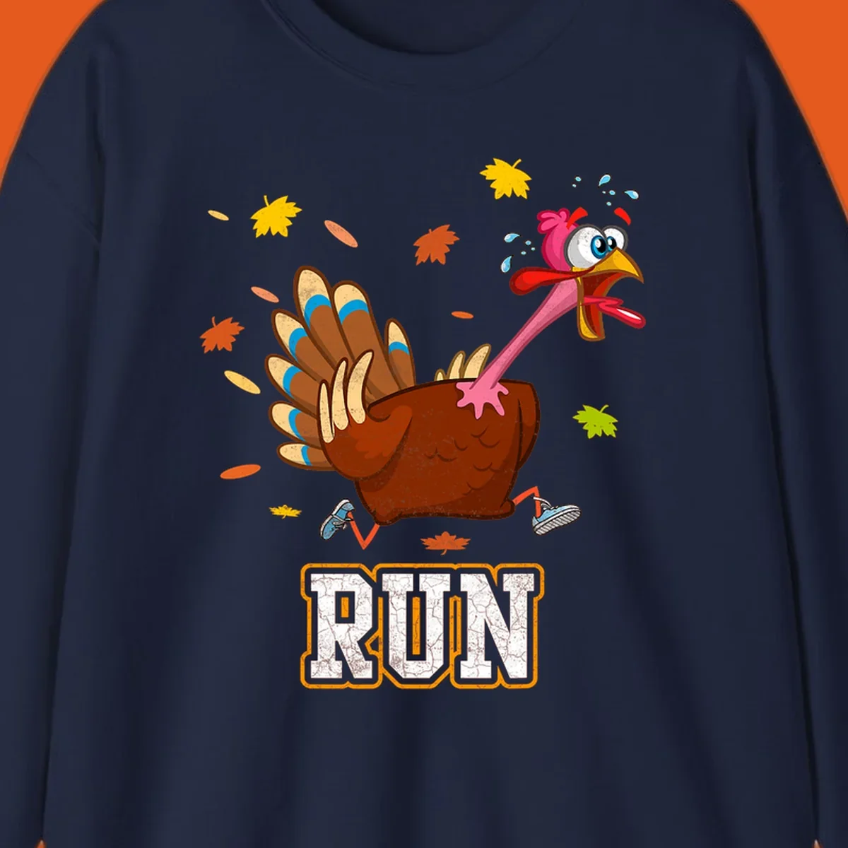 Cartoon running turkey with text RUN, for Thanksgiving Turkey Trot races.