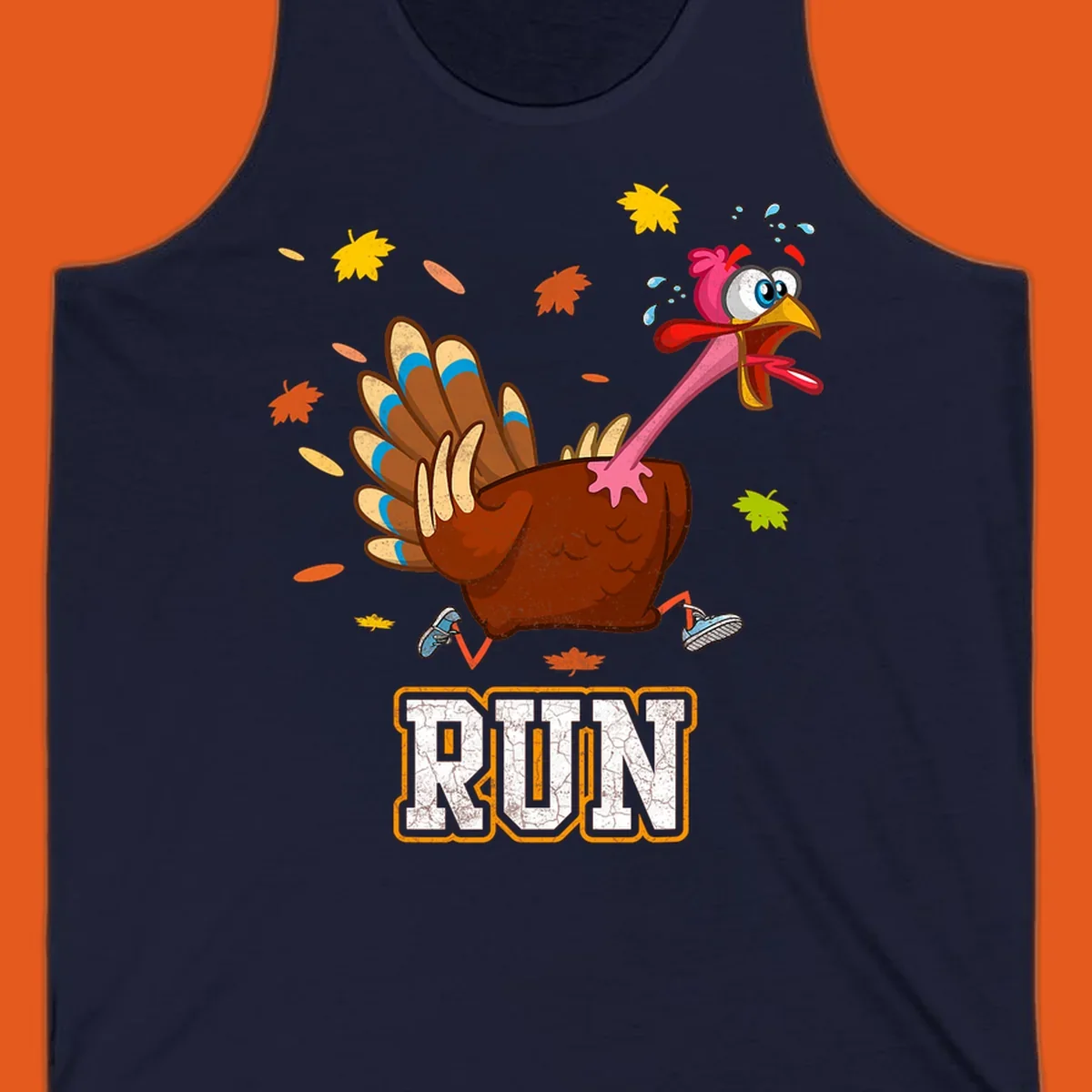 Cartoon running turkey with text RUN, for Thanksgiving Turkey Trot races.