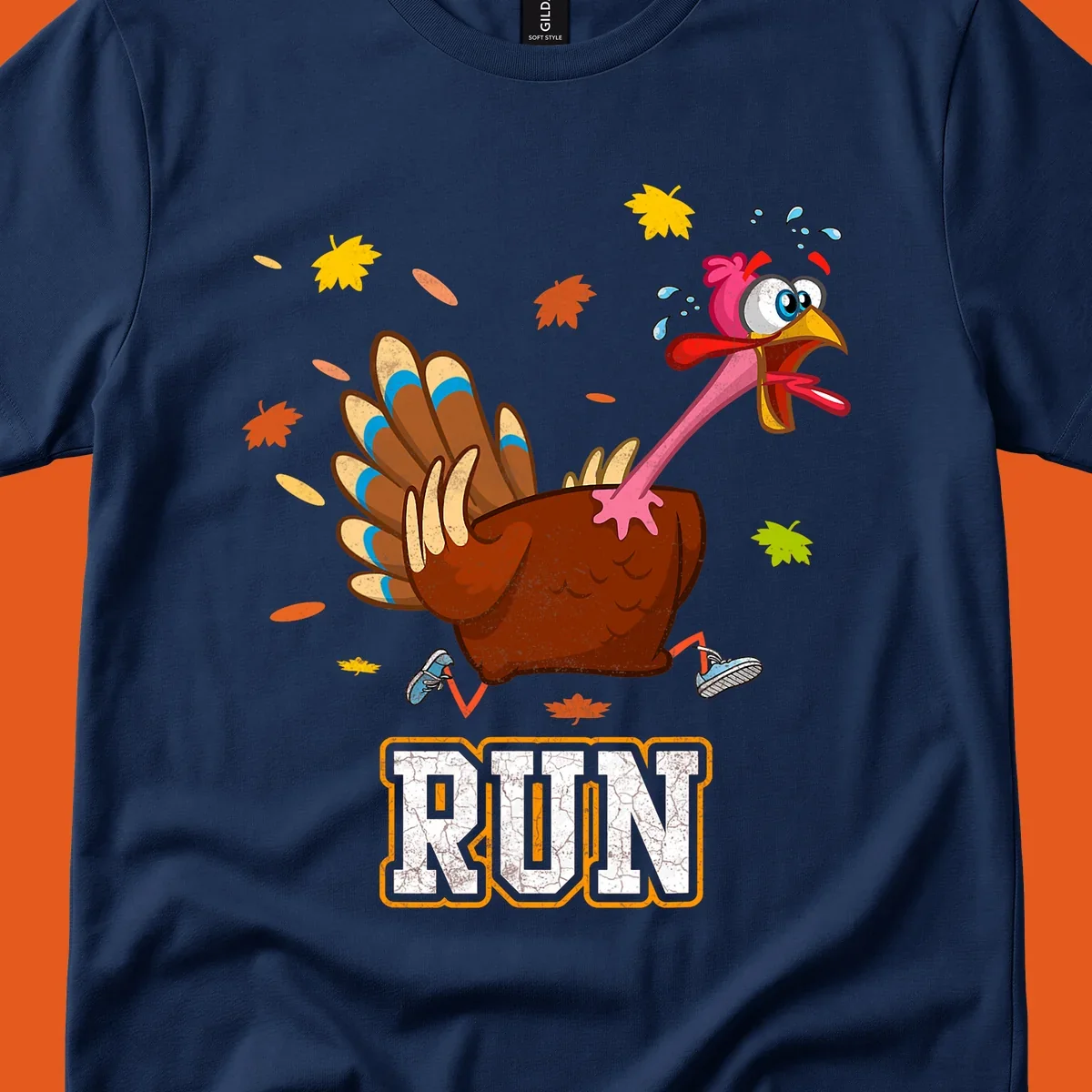 Cartoon running turkey with text RUN, for Thanksgiving Turkey Trot races.