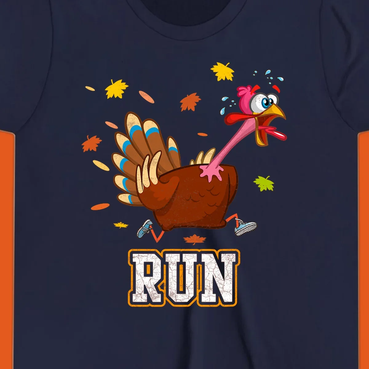 Cartoon running turkey with text RUN, for Thanksgiving Turkey Trot races.