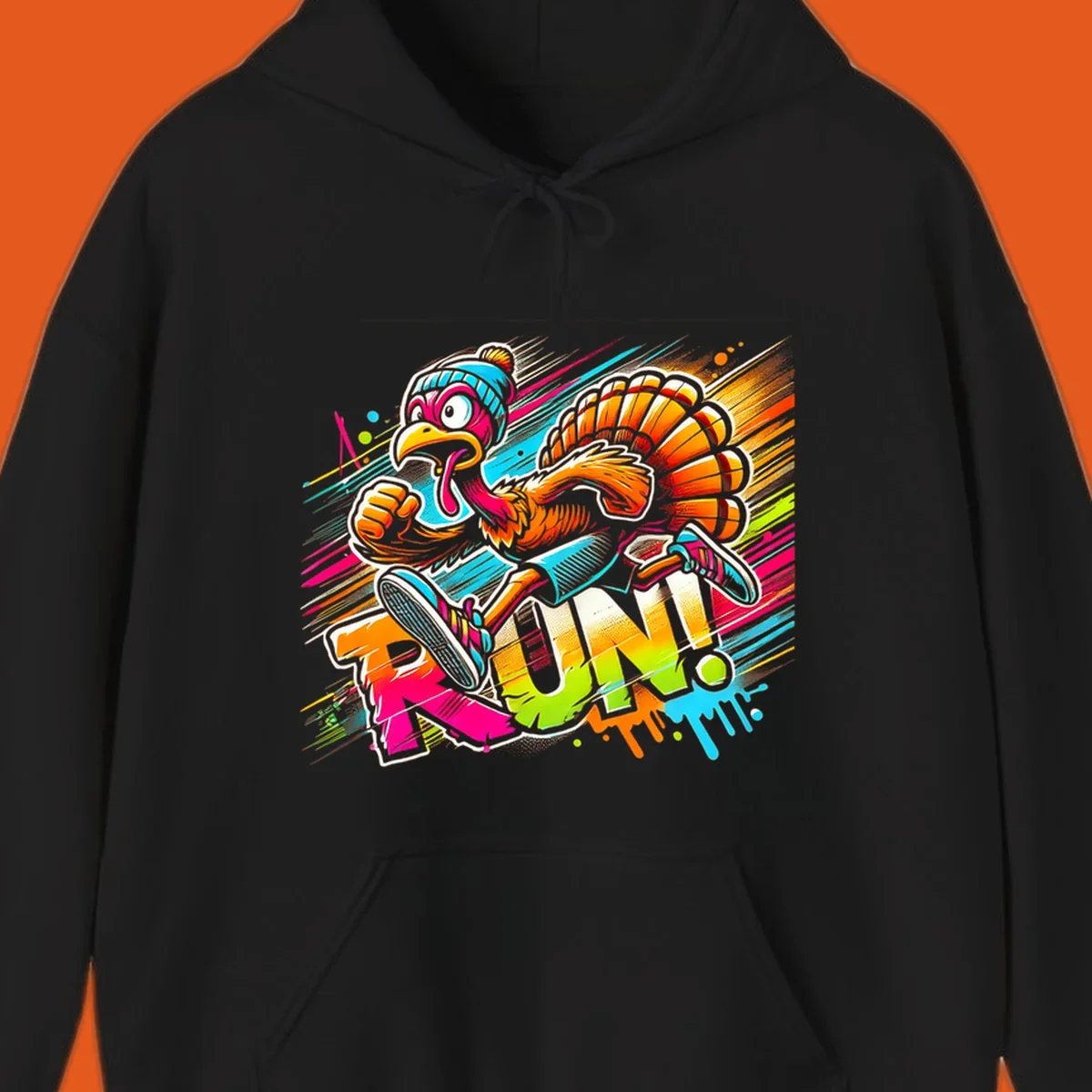 Cartoon turkey running with vibrant "RUN!" text - turkey trot runner graphic