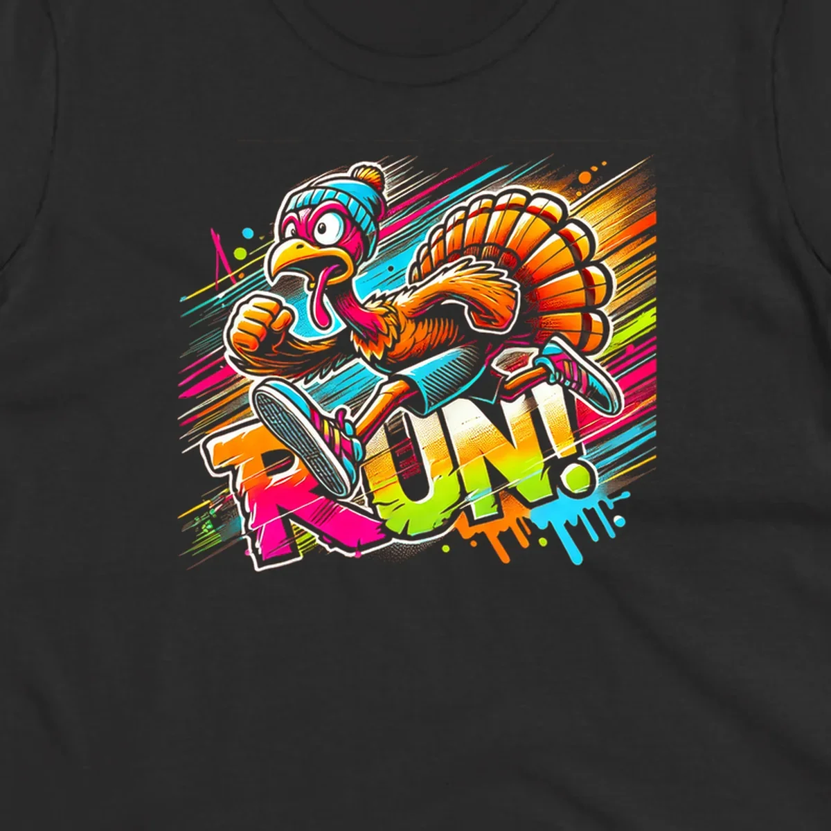Cartoon turkey running with vibrant "RUN!" text - turkey trot runner graphic