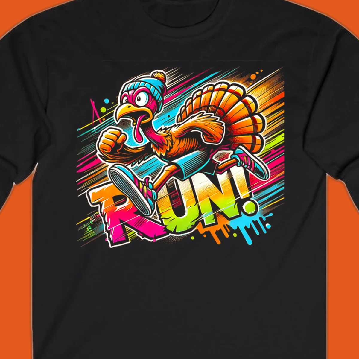 Cartoon turkey running with vibrant "RUN!" text - turkey trot runner graphic