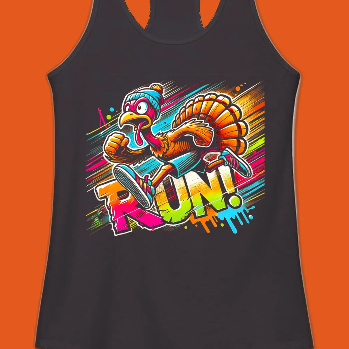 Cartoon turkey running with vibrant "RUN!" text - turkey trot runner graphic