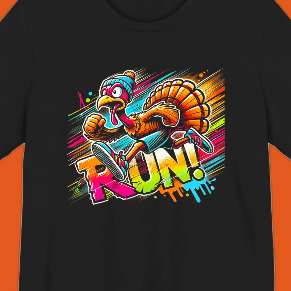 Cartoon turkey running with vibrant "RUN!" text - turkey trot runner graphic