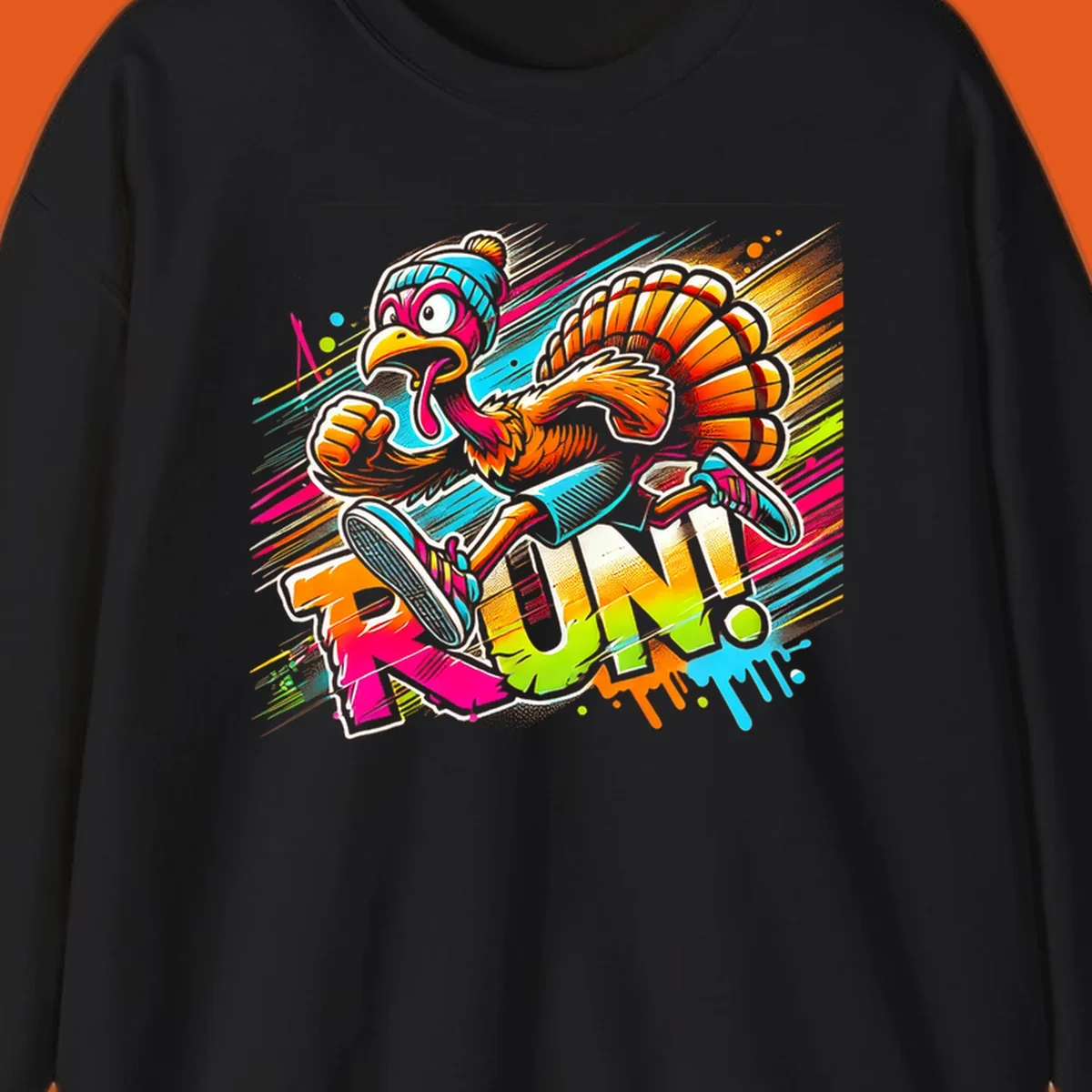 Cartoon turkey running with vibrant "RUN!" text - turkey trot runner graphic