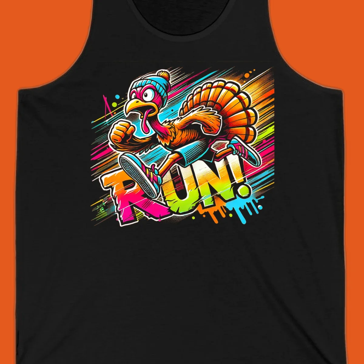 Cartoon turkey running with vibrant "RUN!" text - turkey trot runner graphic
