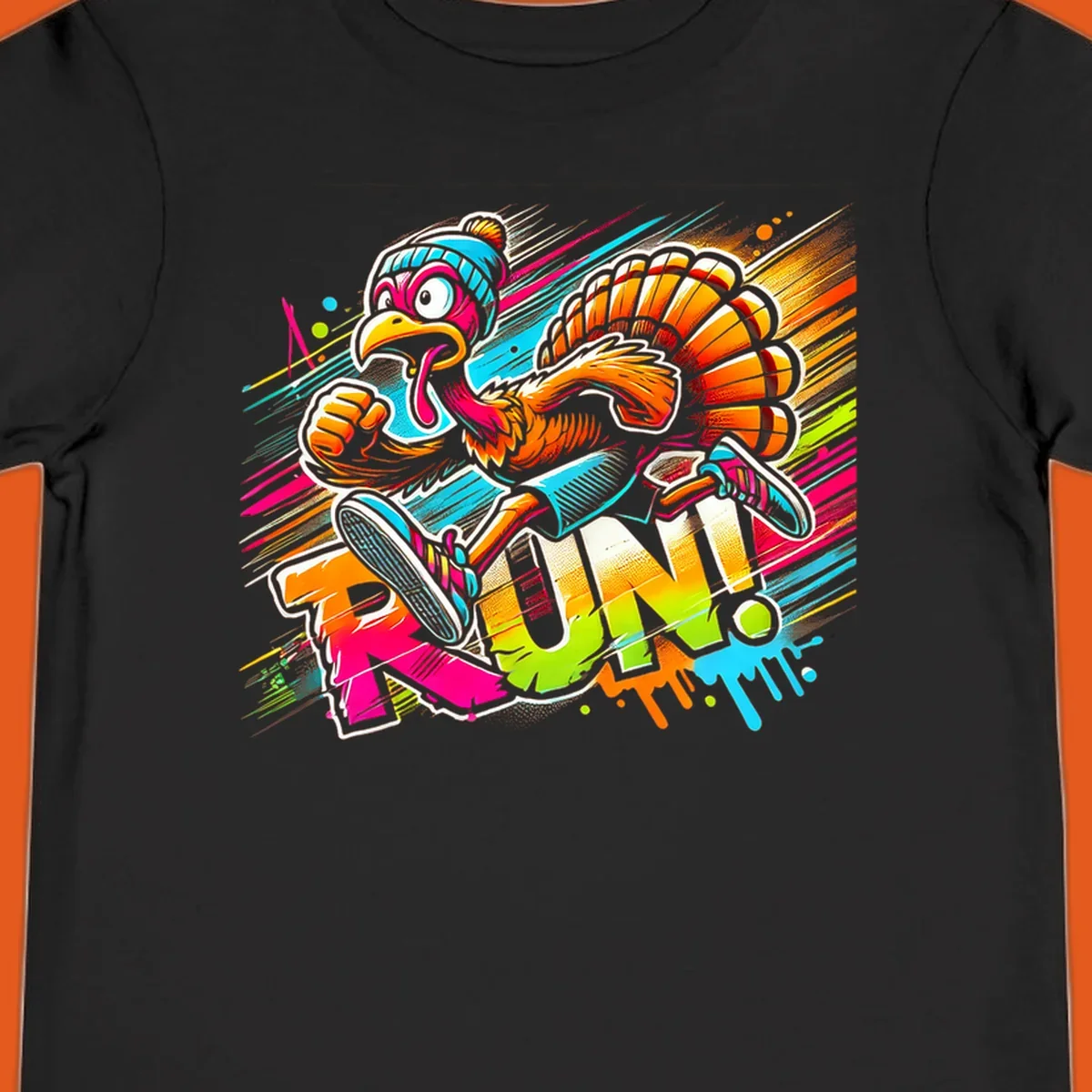 Cartoon turkey running with vibrant "RUN!" text - turkey trot runner graphic
