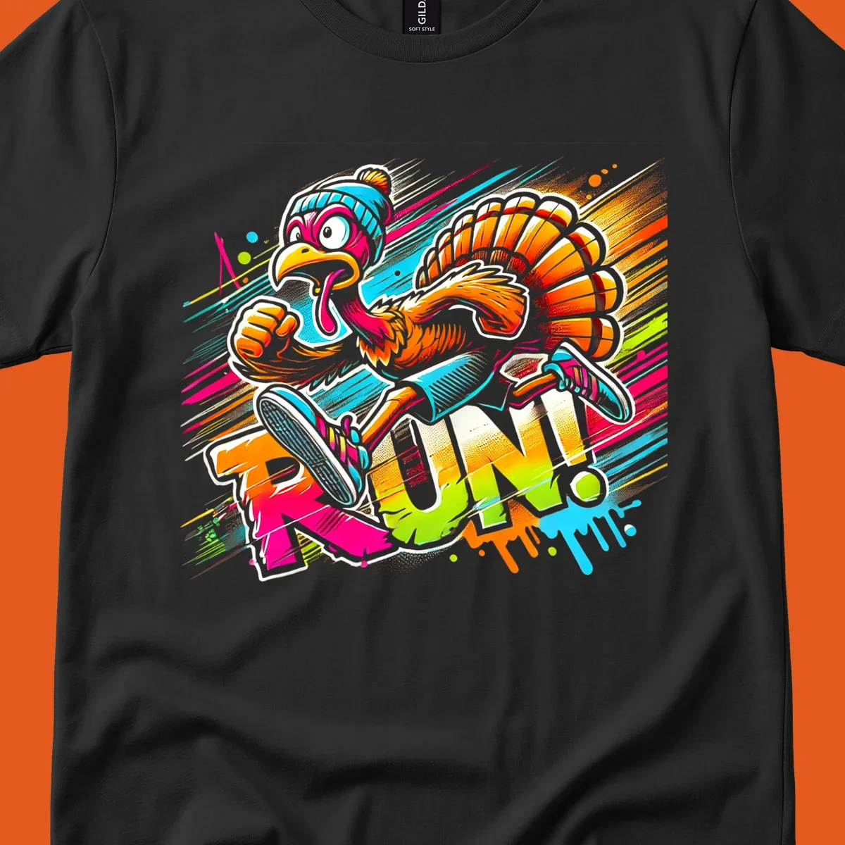 Cartoon turkey running with vibrant "RUN!" text - turkey trot runner graphic