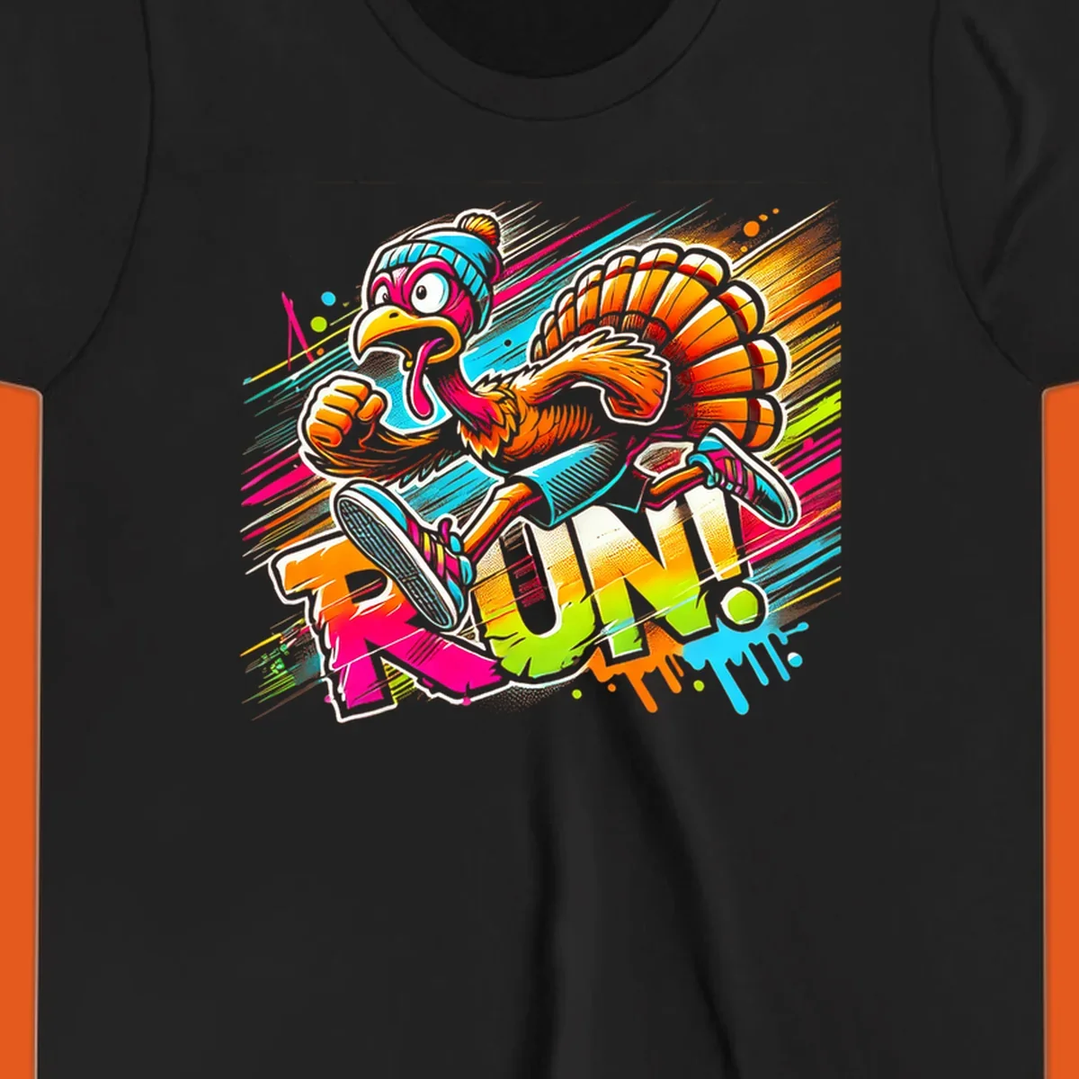 Cartoon turkey running with vibrant "RUN!" text - turkey trot runner graphic