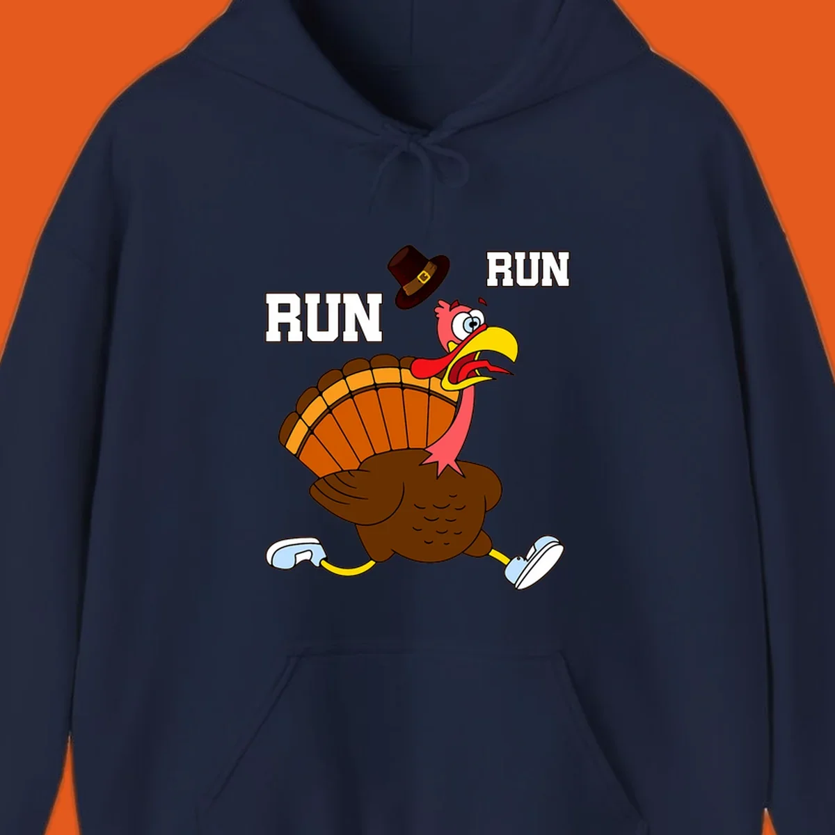 Cartoon turkey running away from viewer with word RUN, turkey trot design.