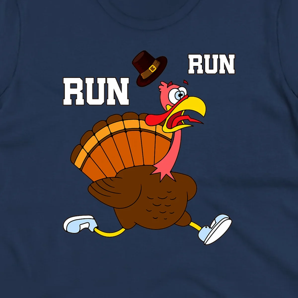 Cartoon turkey running away from viewer with word RUN, turkey trot design.