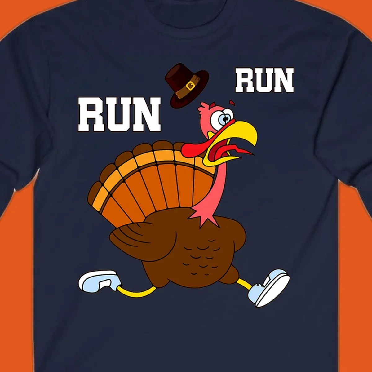 Cartoon turkey running away from viewer with word RUN, turkey trot design.