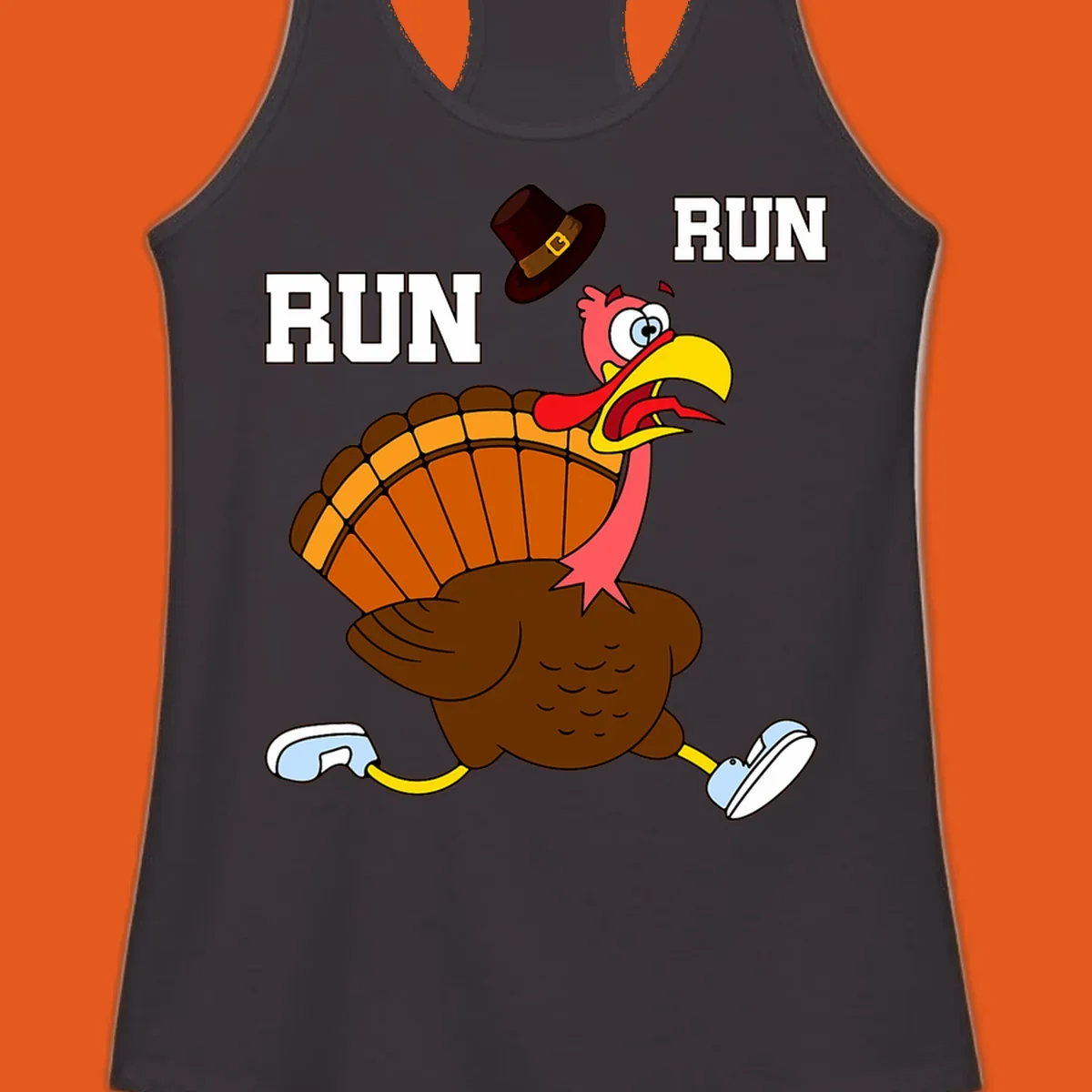 Cartoon turkey running away from viewer with word RUN, turkey trot design.