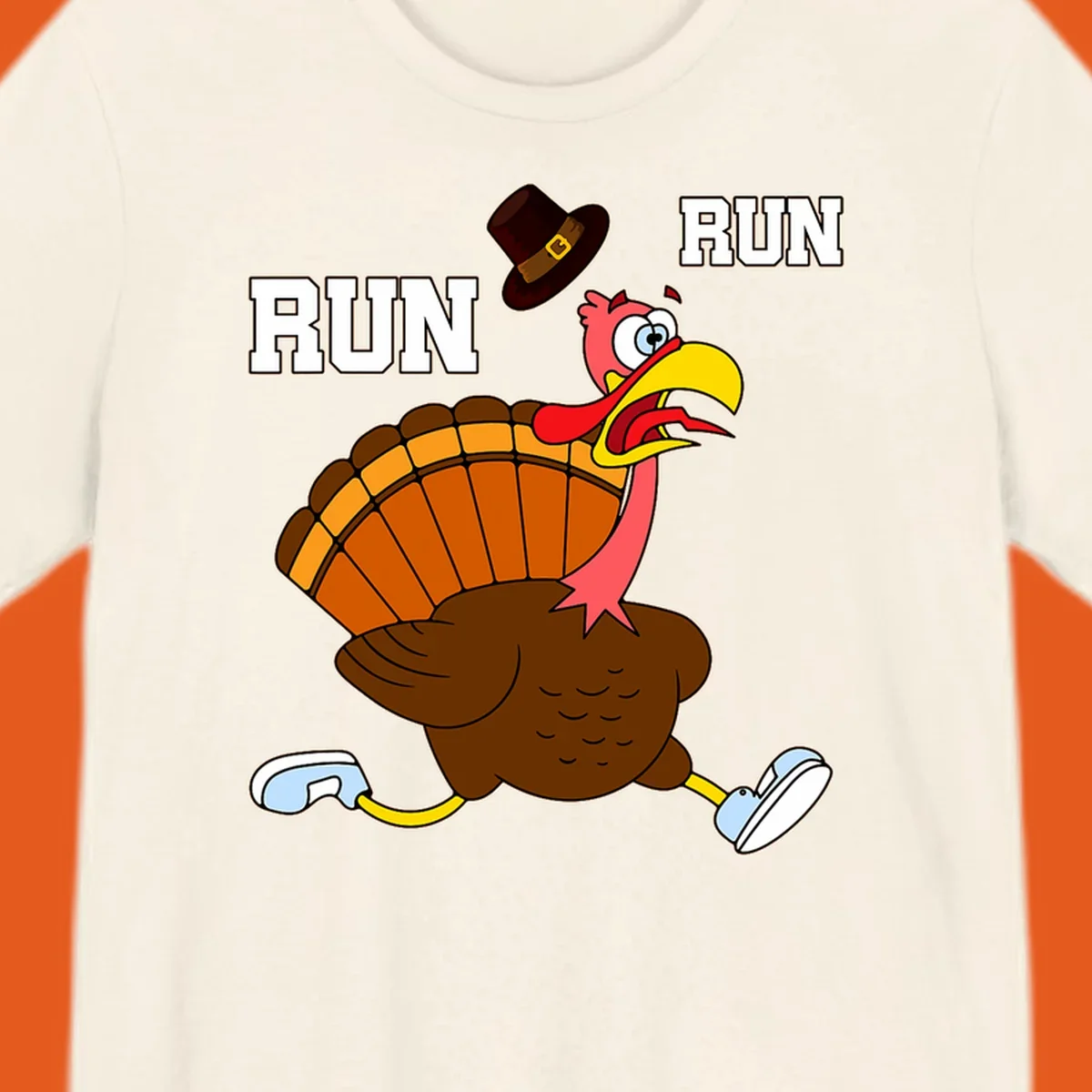 Cartoon turkey running away from viewer with word RUN, turkey trot design.