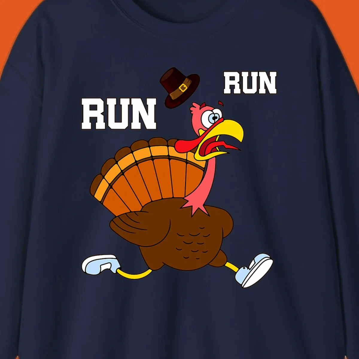 Cartoon turkey running away from viewer with word RUN, turkey trot design.