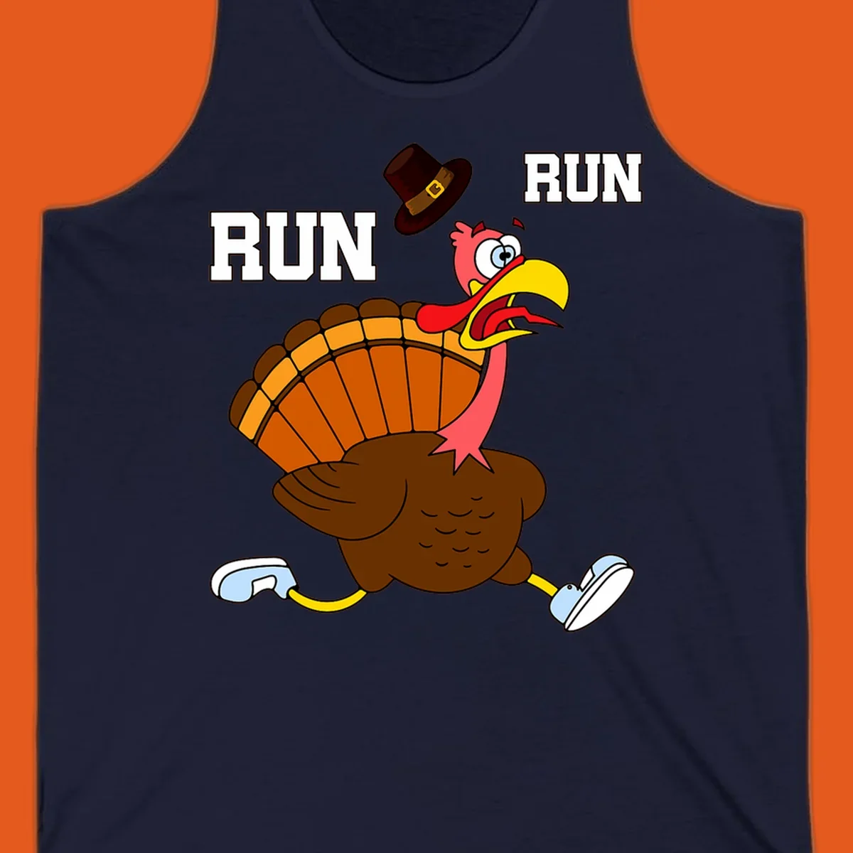 Cartoon turkey running away from viewer with word RUN, turkey trot design.