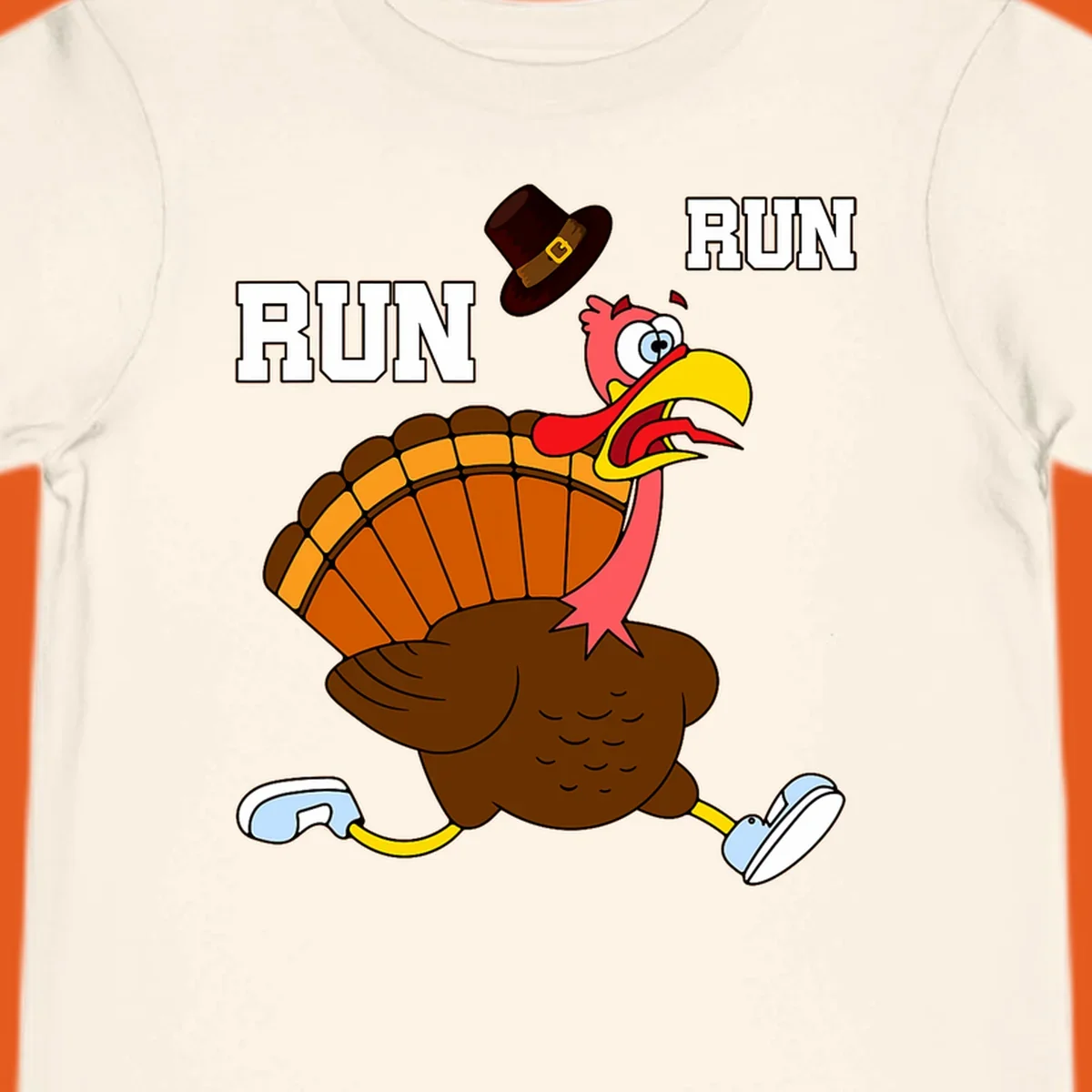 Cartoon turkey running away from viewer with word RUN, turkey trot design.