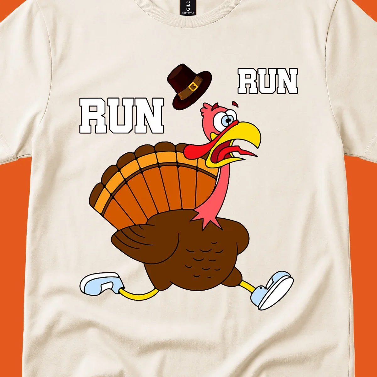 Cartoon turkey running away from viewer with word RUN, turkey trot design.