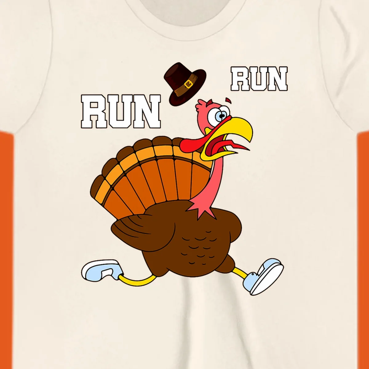 Cartoon turkey running away from viewer with word RUN, turkey trot design.