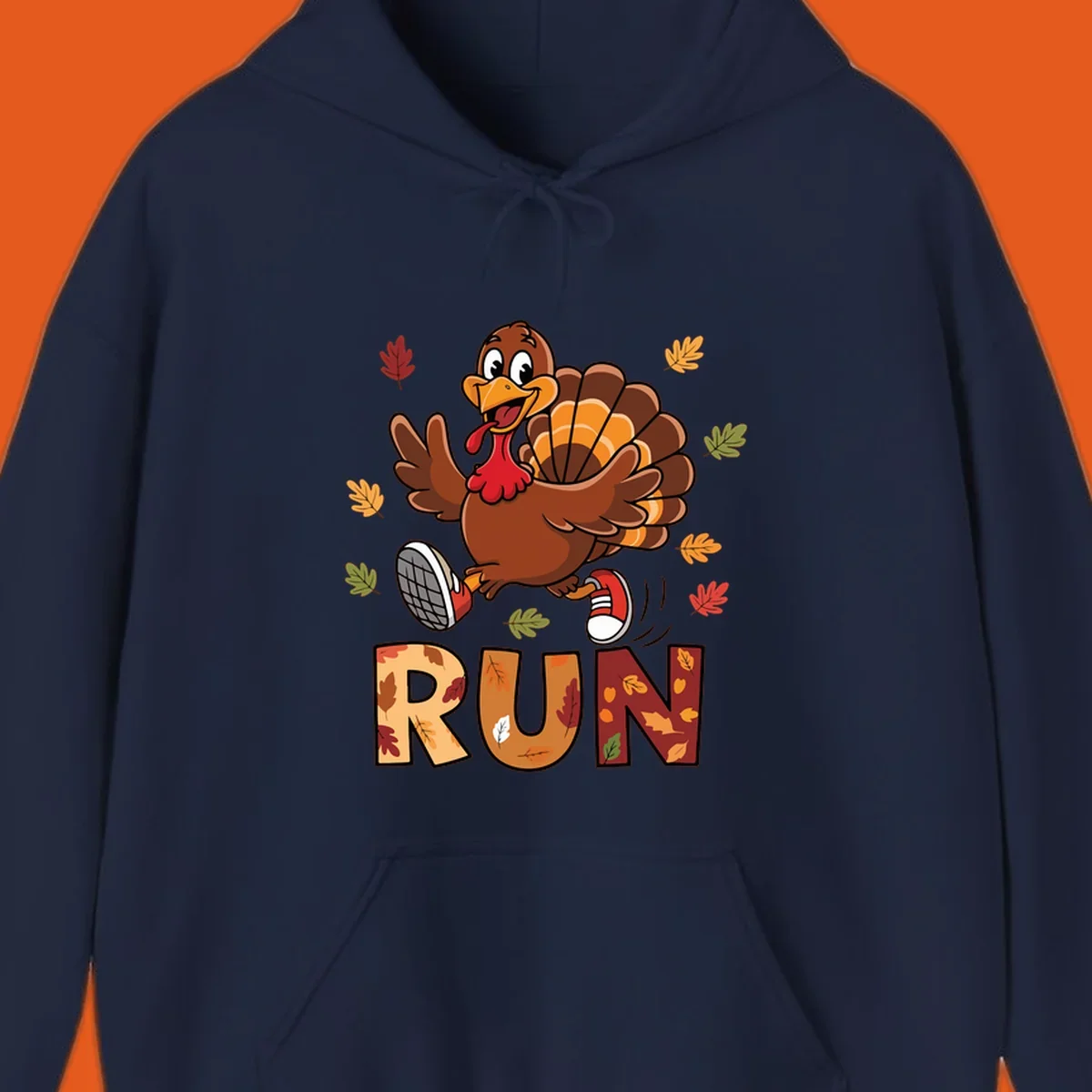 Cartoon turkey running with the word RUN, for Turkey Trot running shirts.