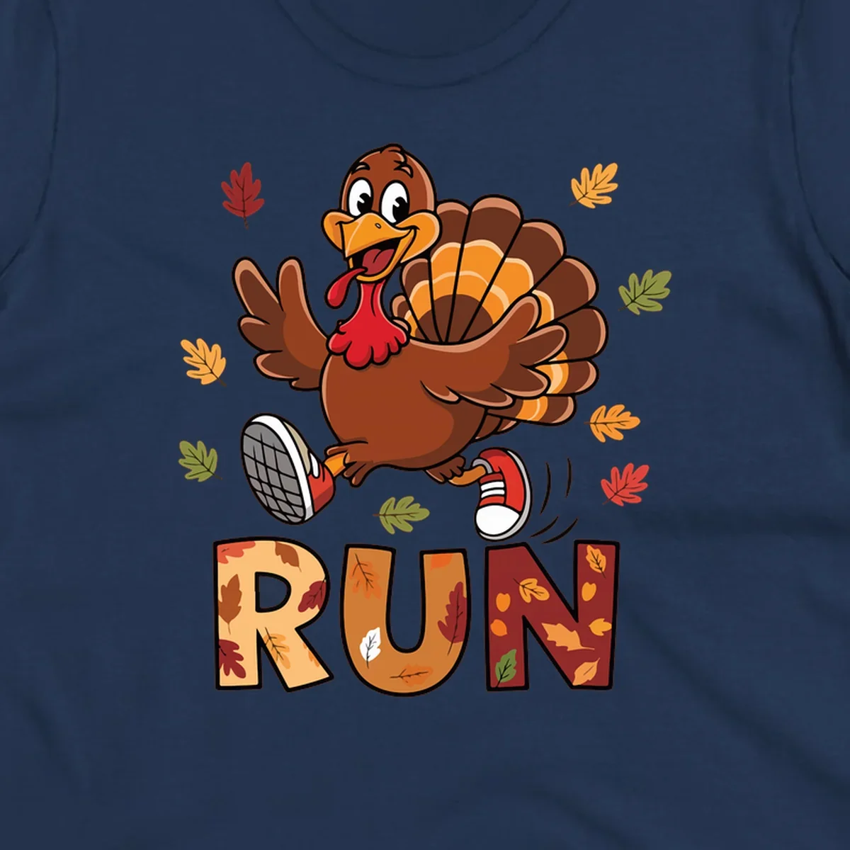 Cartoon turkey running with the word RUN, for Turkey Trot running shirts.