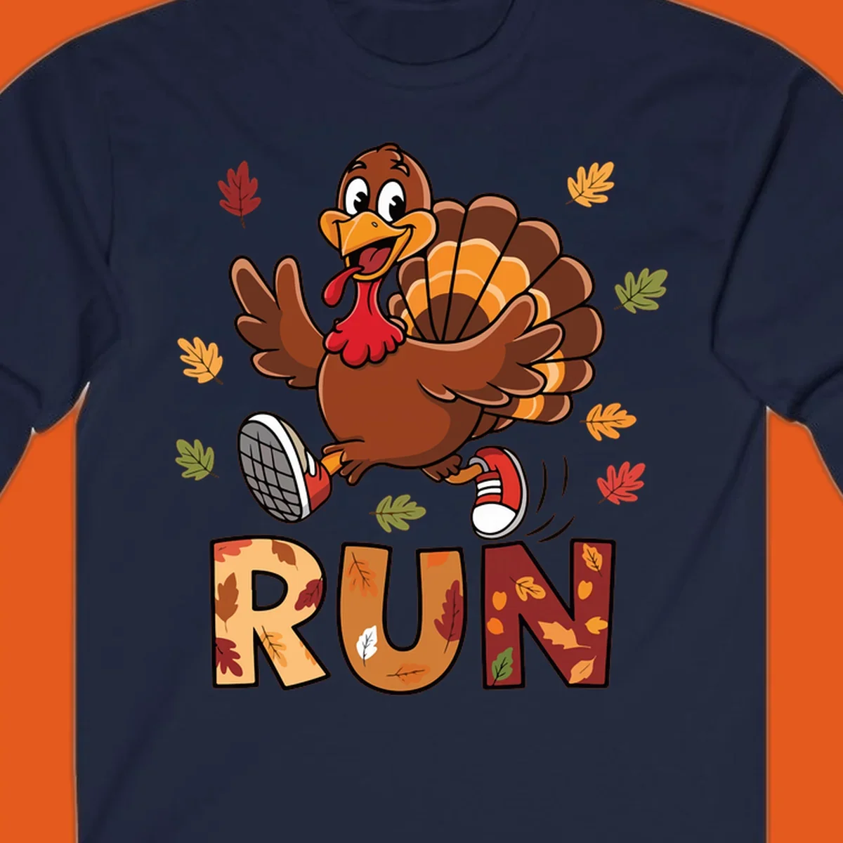 Cartoon turkey running with the word RUN, for Turkey Trot running shirts.