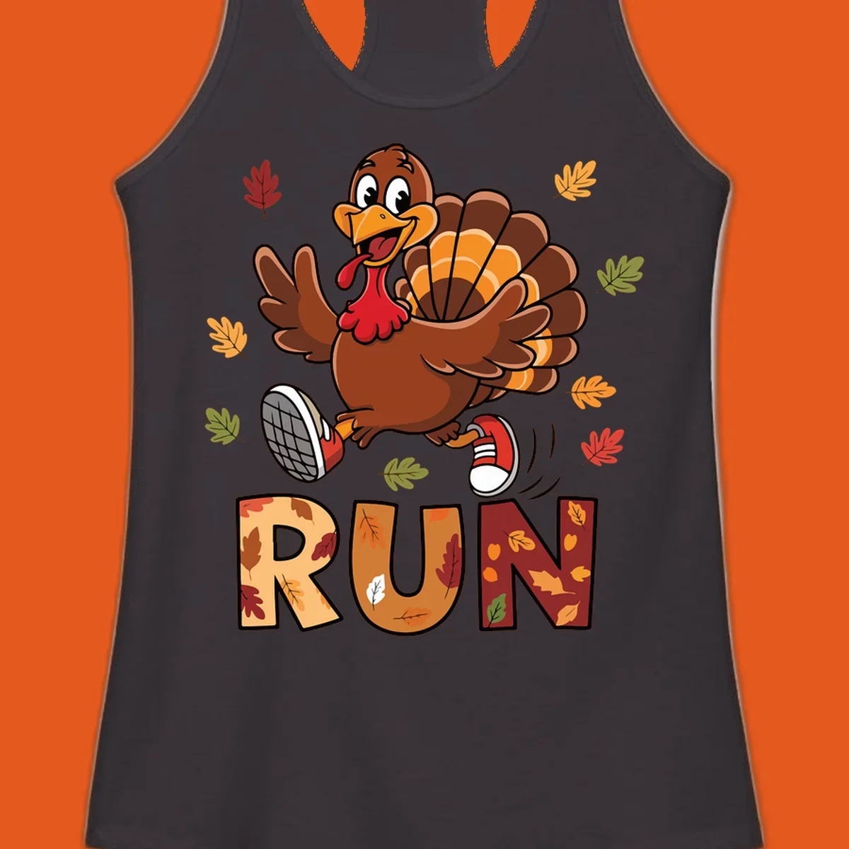 Cartoon turkey running with the word RUN, for Turkey Trot running shirts.