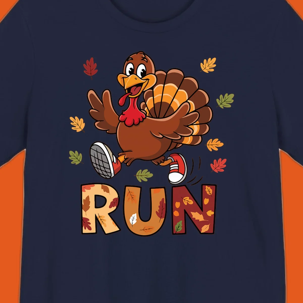 Cartoon turkey running with the word RUN, for Turkey Trot running shirts.