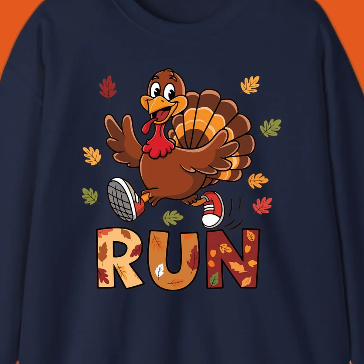 Cartoon turkey running with the word RUN, for Turkey Trot running shirts.