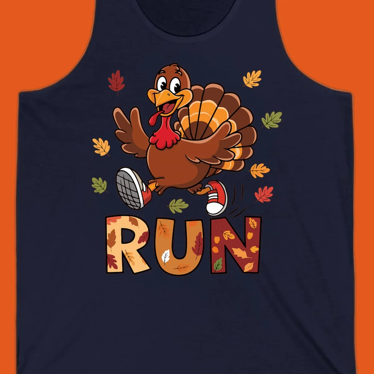 Cartoon turkey running with the word RUN, for Turkey Trot running shirts.