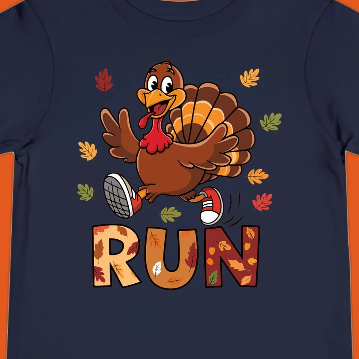 Cartoon turkey running with the word RUN, for Turkey Trot running shirts.