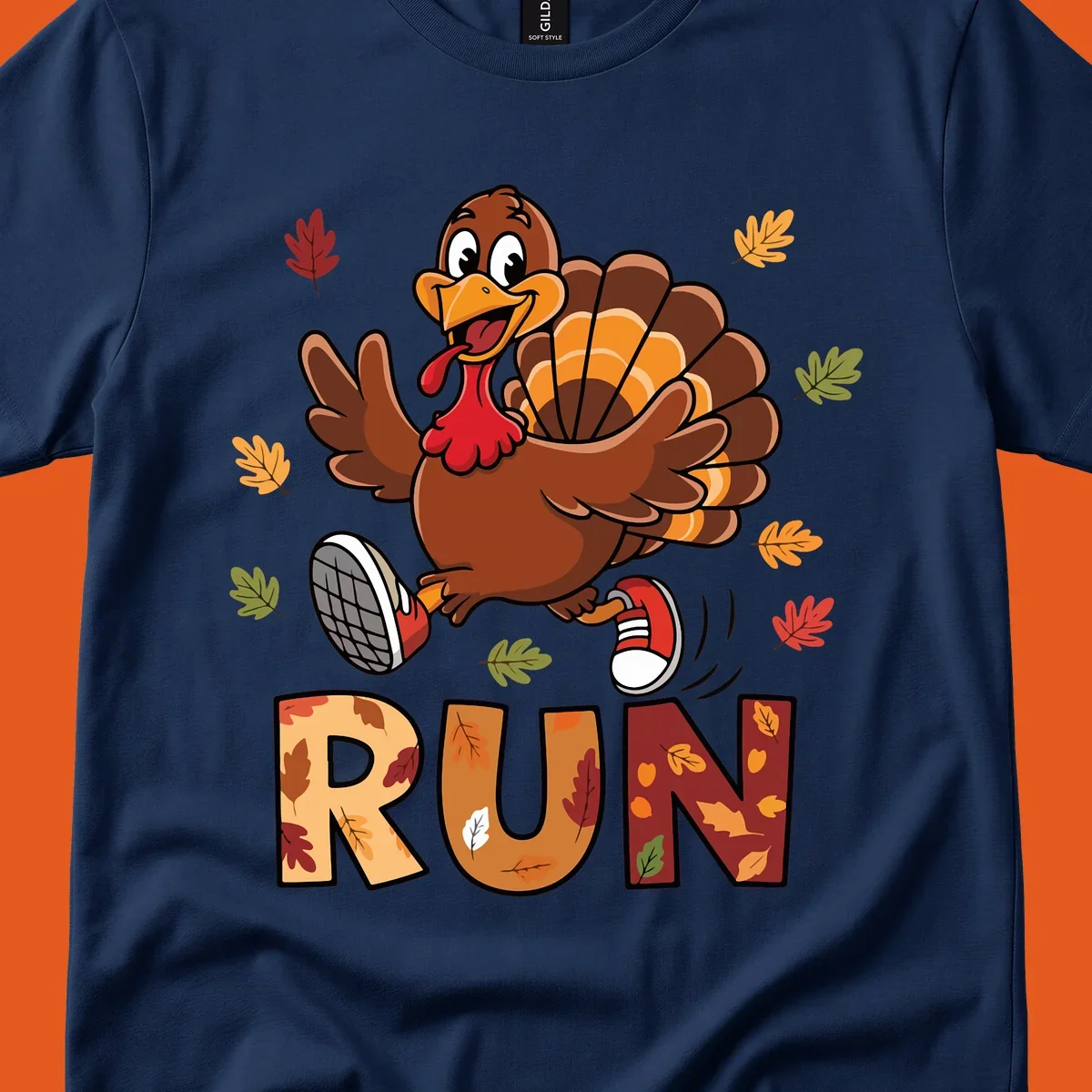Cartoon turkey running with the word RUN, for Turkey Trot running shirts.