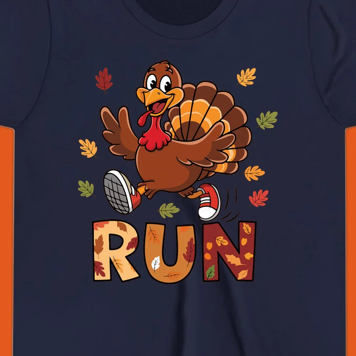 Cartoon turkey running with the word RUN, for Turkey Trot running shirts.