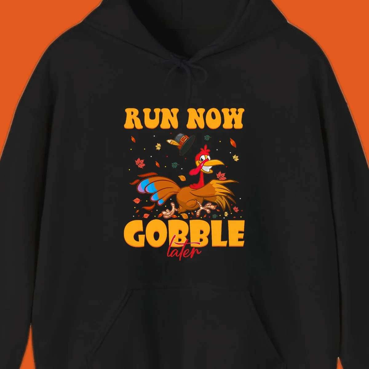Cartoon turkey running with pilgrim hat, text "RUN NOW GOBBLE later" for Turkey Trot shirt.