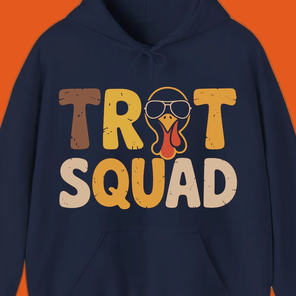 Text 'TROT SQUAD' with a cartoon turkey wearing sunglasses, for turkey trot runners.