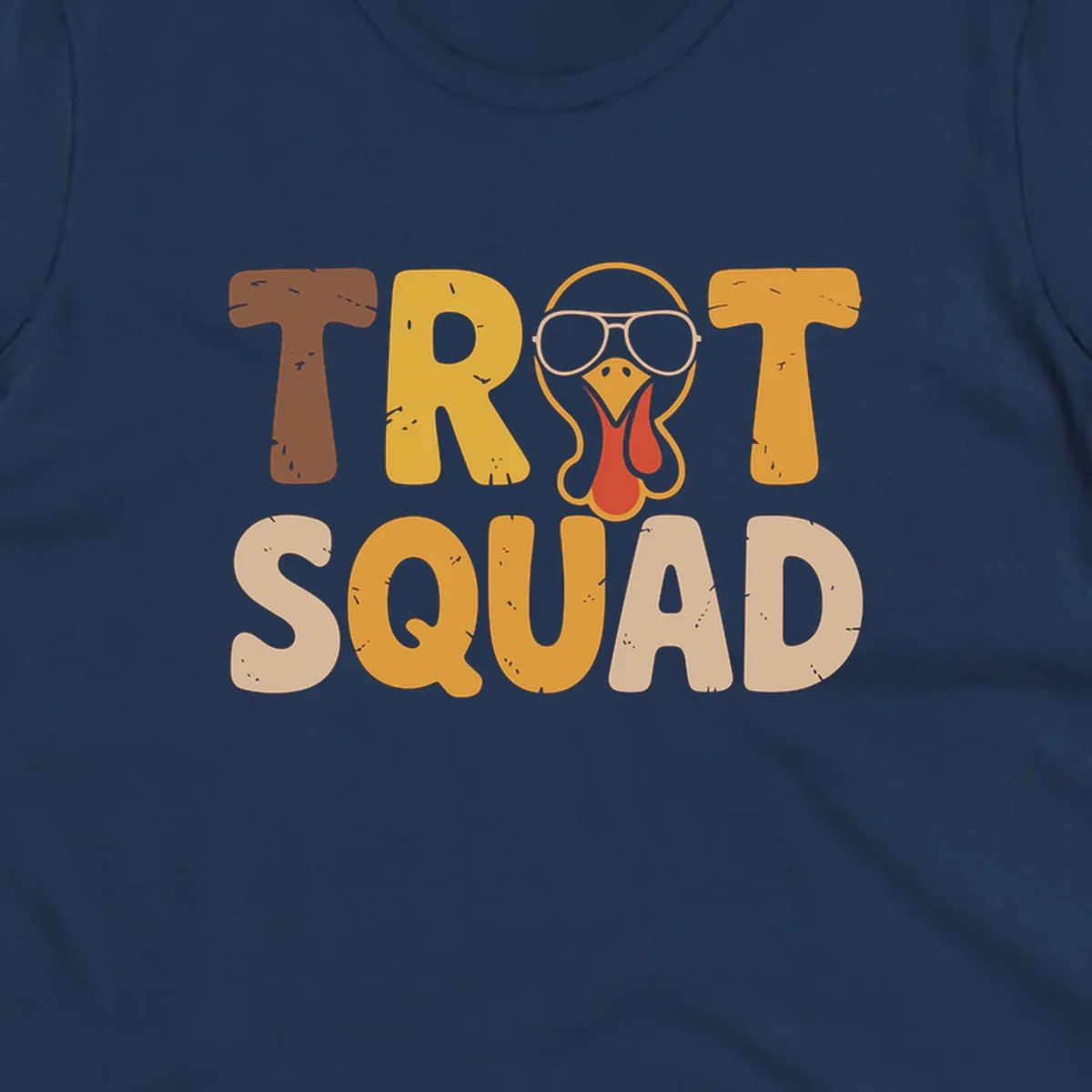 Text 'TROT SQUAD' with a cartoon turkey wearing sunglasses, for turkey trot runners.
