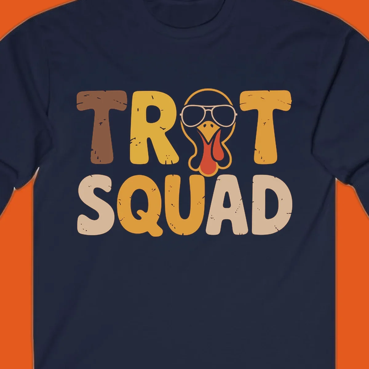Text 'TROT SQUAD' with a cartoon turkey wearing sunglasses, for turkey trot runners.