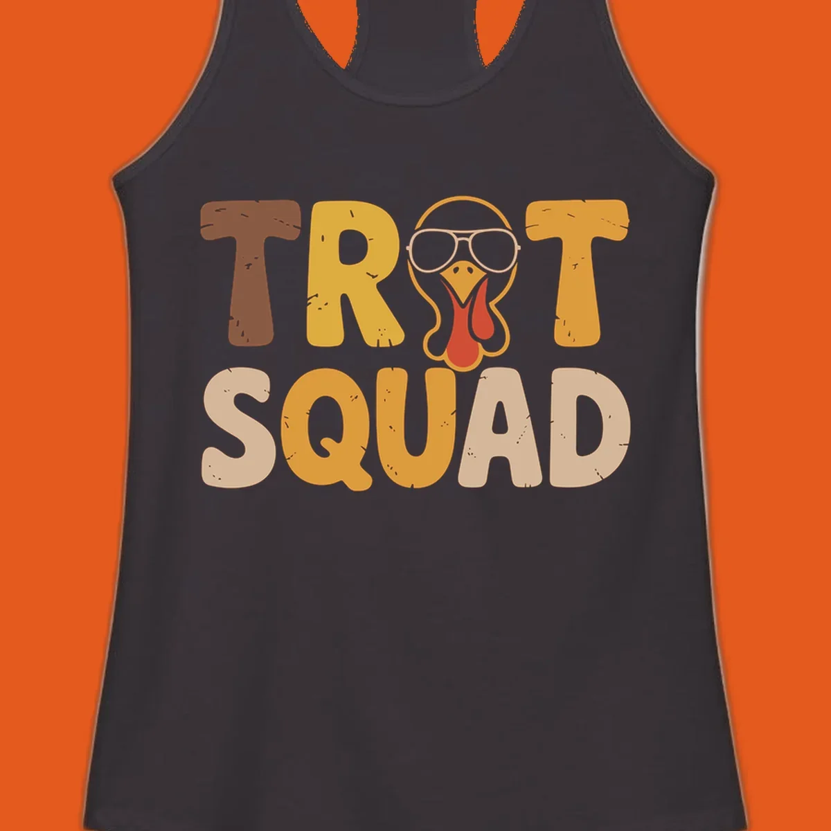 Text 'TROT SQUAD' with a cartoon turkey wearing sunglasses, for turkey trot runners.