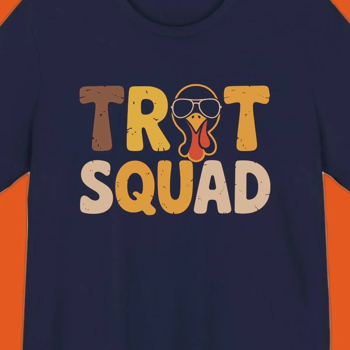 Text 'TROT SQUAD' with a cartoon turkey wearing sunglasses, for turkey trot runners.