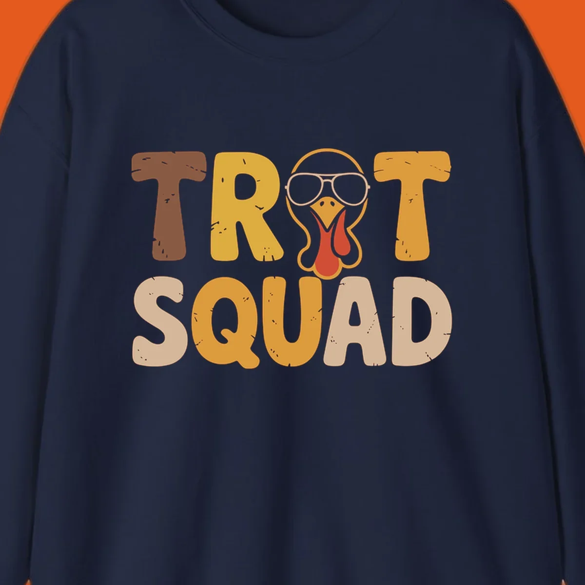 Text 'TROT SQUAD' with a cartoon turkey wearing sunglasses, for turkey trot runners.