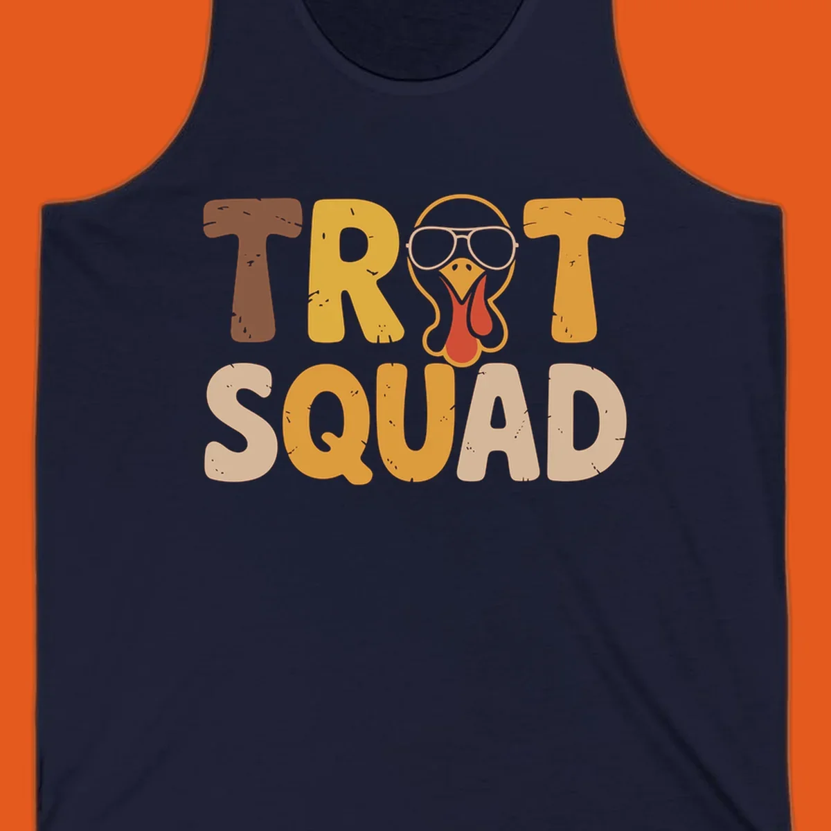 Text 'TROT SQUAD' with a cartoon turkey wearing sunglasses, for turkey trot runners.