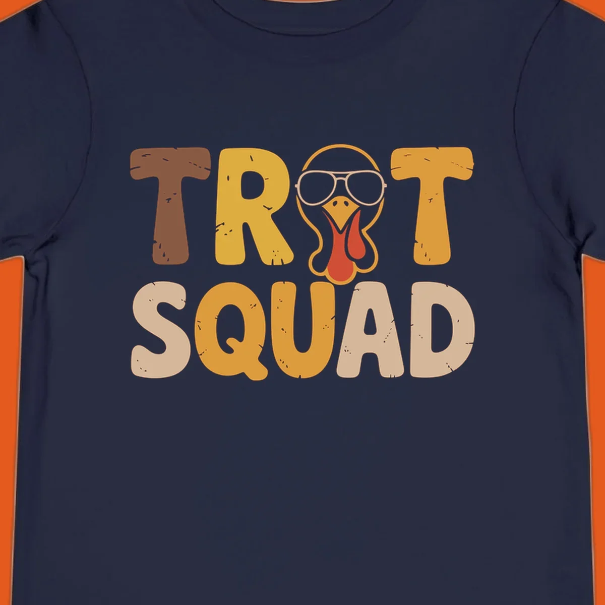 Text 'TROT SQUAD' with a cartoon turkey wearing sunglasses, for turkey trot runners.