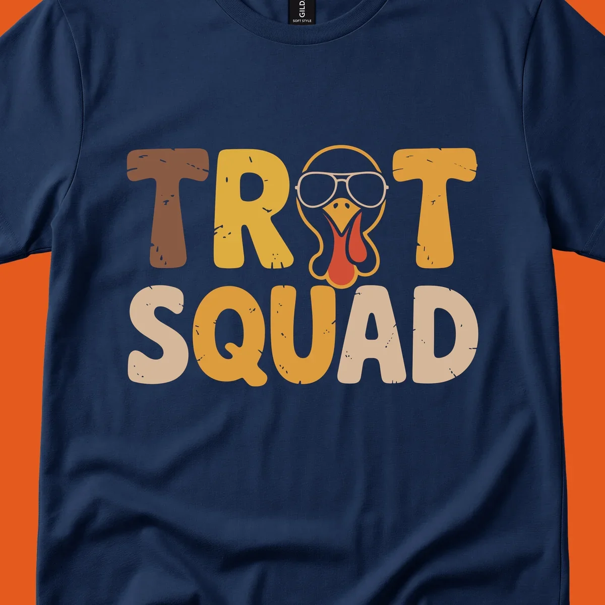 Text 'TROT SQUAD' with a cartoon turkey wearing sunglasses, for turkey trot runners.