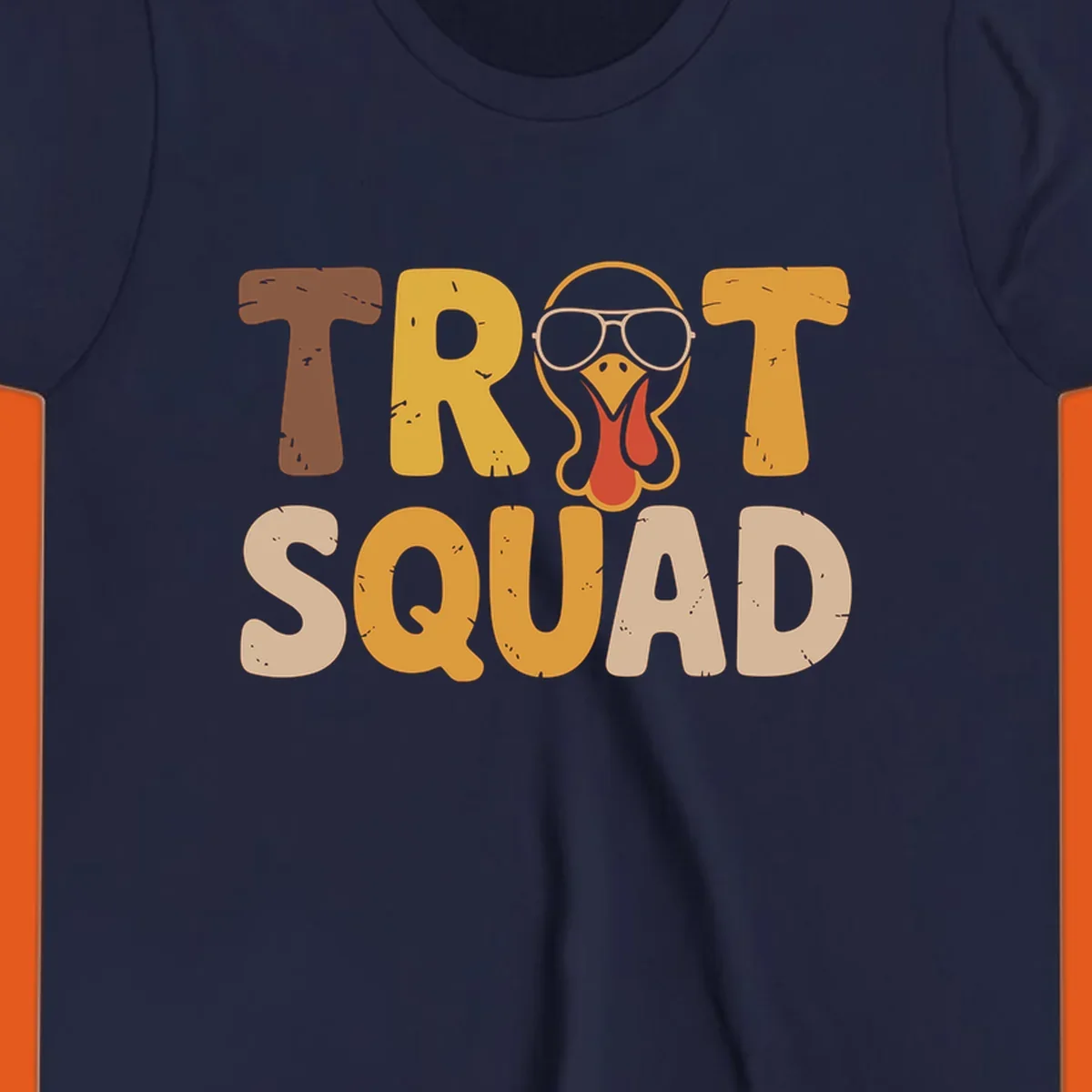 Text 'TROT SQUAD' with a cartoon turkey wearing sunglasses, for turkey trot runners.