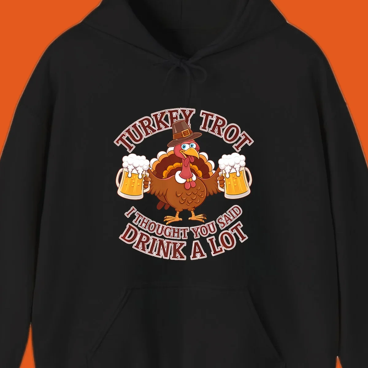 Turkey Trot runner design with a cartoon turkey holding beer mugs and funny text.