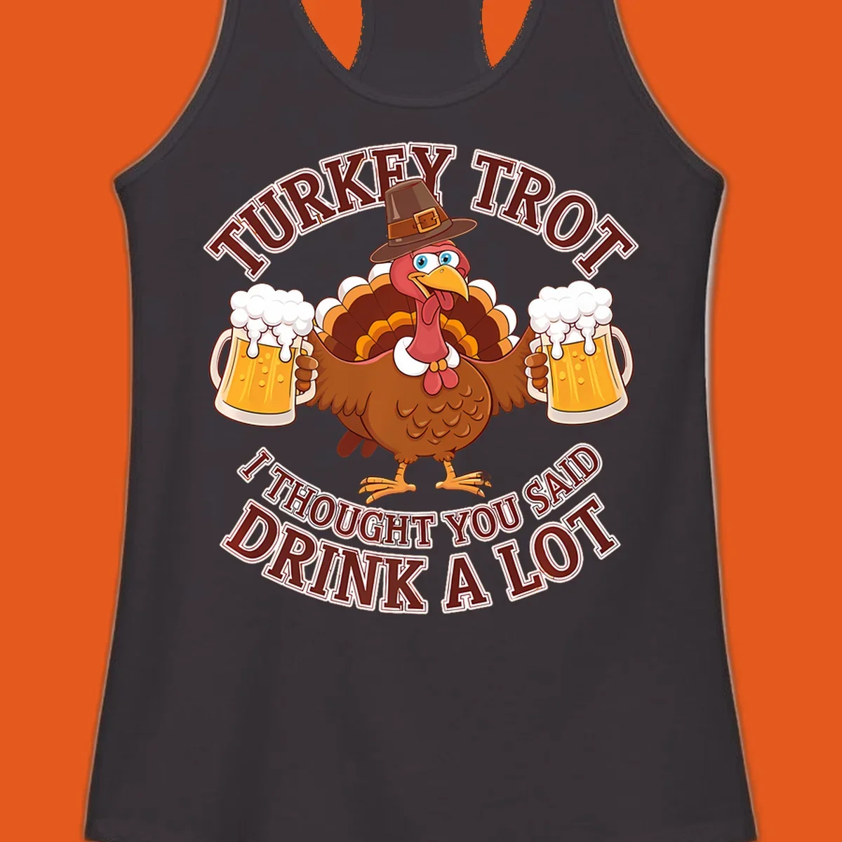 Turkey Trot runner design with a cartoon turkey holding beer mugs and funny text.